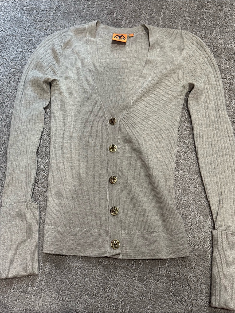 Tory Burch Light Beige Ribbed V-Neck Cardigan with Logo Buttons